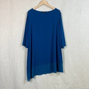 Susan Graver Womens Liquid Knit Tunic Top Size 2X Asymmetric Stretch Mature Blue
